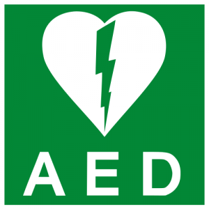 De sticker die aanduid dat er een AED hangt